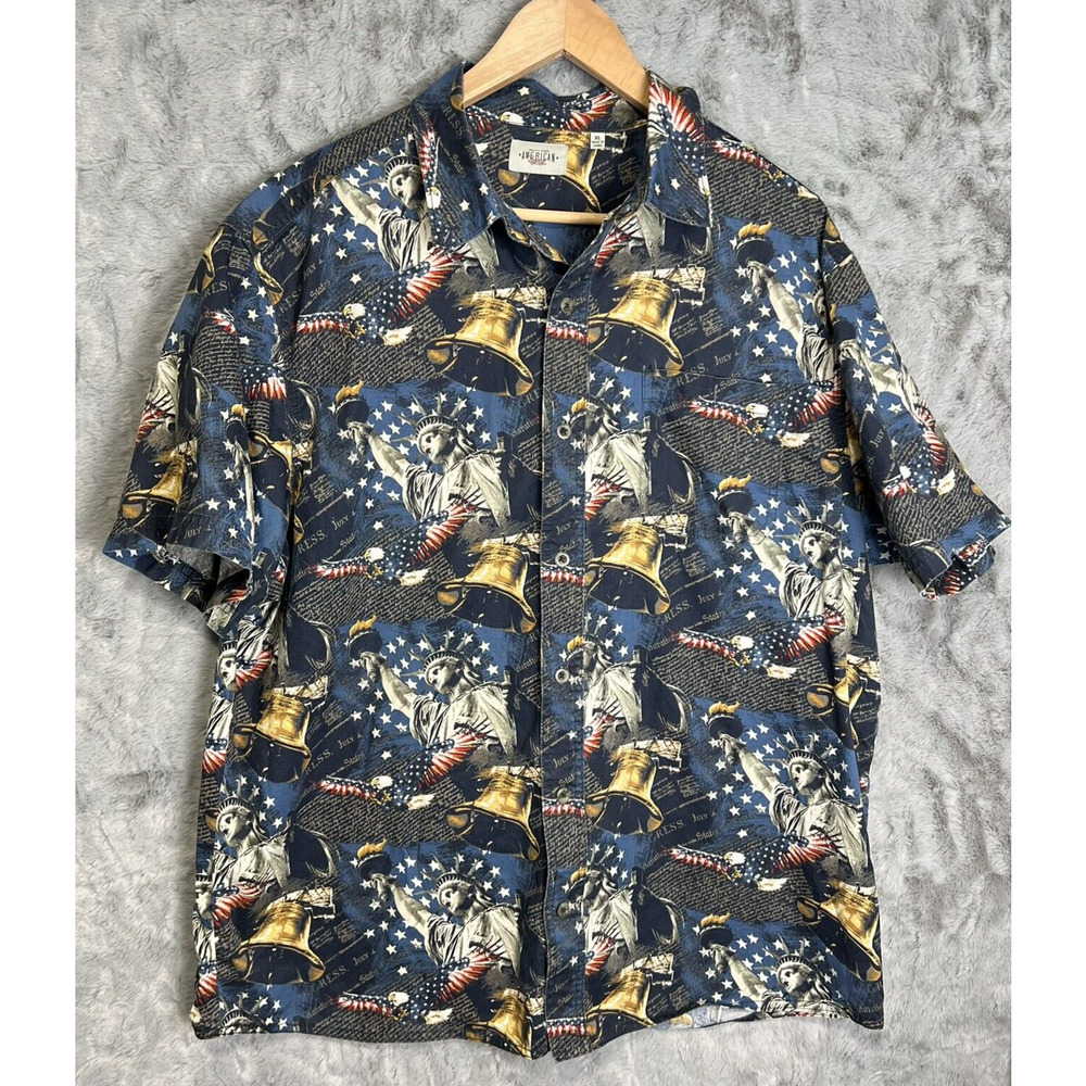 Vintage‎ American Legacy Hawaiian Mens XL Shirt Patriotic American Liberty Bell